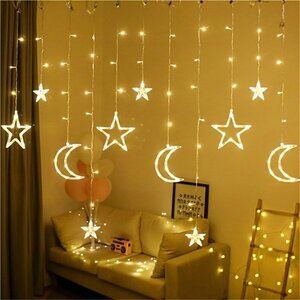 Moon with Star String Light,LED Curtain Lights,8 Modes Waterproof String Lights